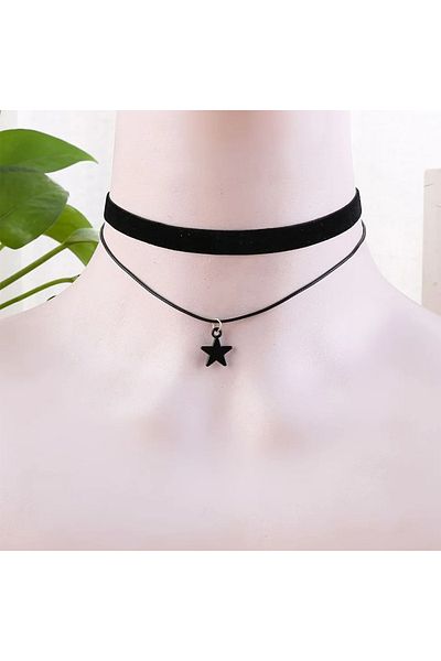 Choice 40cm Steel color Simple personalized black velvet strap choker neck strap Double pentagram pendant c