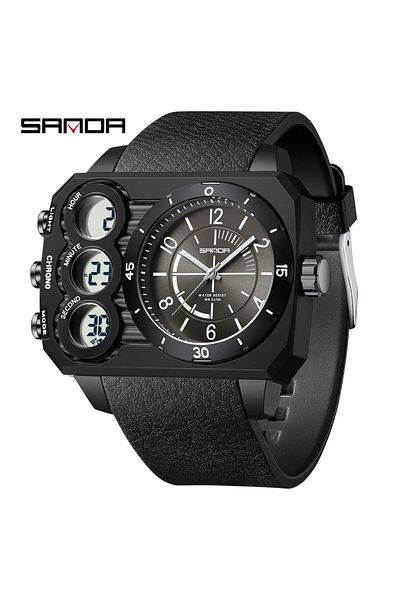Choice All Black SANDA Fashion Electronic Watch Outdoor Sports Multi functional Waterproof Night Light Dual