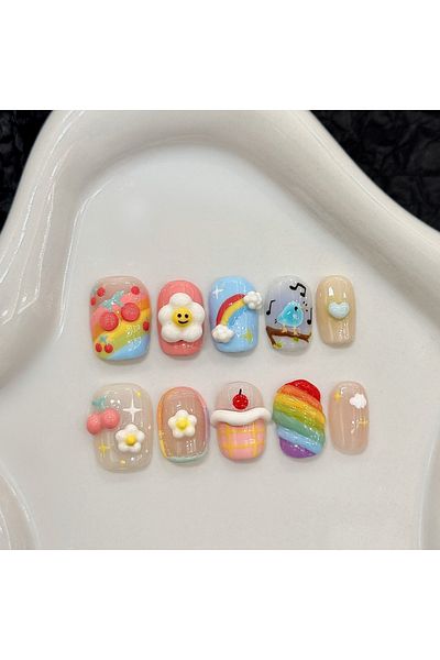 Choice S 10pcs Stereo Cartoon Dopamine Handmade Fake Nails Short Square 3D Cute Flower Rainbow Designs Pre.