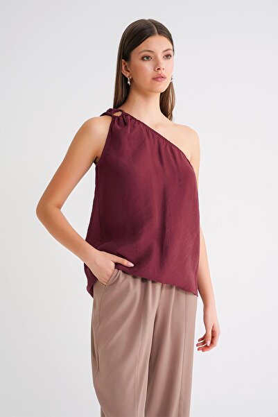 Mixray 4665 Women's Single Shoulder Strap Blouse Claret Red
