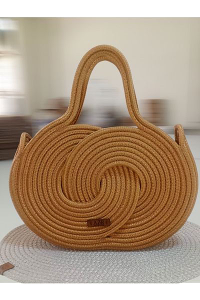 AZR HOME DESİGN Natural Jute Rope Handmade Gold Infinity Hand Bag Arm Purse
