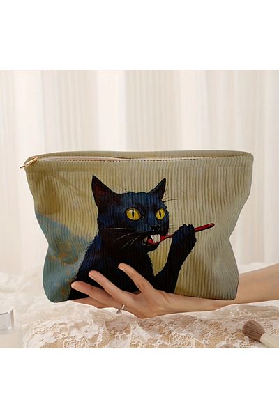 Choice black cat 1pc，Black cat patterned corduroy makeup bag, lightweight zipper makeup storage box, multif