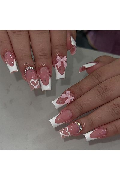 Choice Beige 24PCS Short Square Pink Nails Fake Nails French Fake Nails Nail Art Removable for Couples Dati