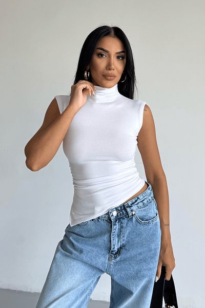 Ladima Women's Side Cut Detailed Draped Lycra White Tank Top