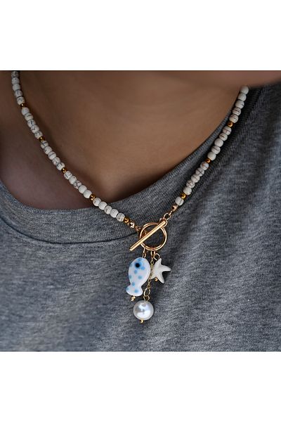 Choice 25xh0401-3 Bohemian Sea-Inspired Ceramic Fish & Starfish Pendant Necklace with 4mm Synthetic Turquoi