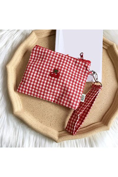 Choice Red Red cherry canvas makeup bag, portable and easy to carry. Red plaid, large capacity cosmetic lip