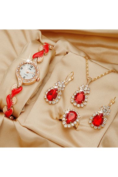 Choice Red A Stylish, Casual And Versatile Women's Love With Diamond Inlaid Quartz Watch And Jewelry Three