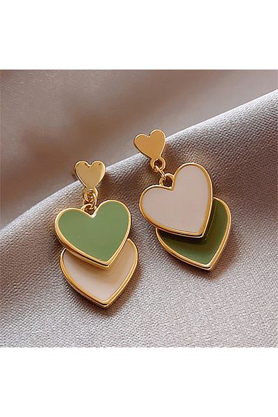 Choice ER21Y0480 New Korean Sweet White Green Double Heart Drop Earrings For Women Asymmetric Love Heart St