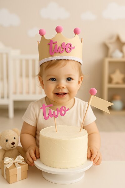aloha concept Pembe Taç “two” Yazılı 2 Yaş Doğum Günü Taç ve Kürdan Süs Seti