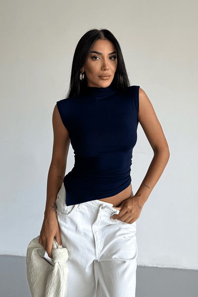 Ladima Women's Side Cut Detailed Draped Lycra Navy Blue Sleeveless Blouse