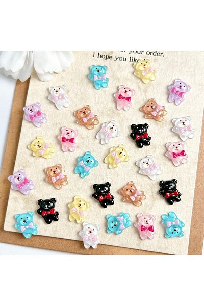 Choice Mixed 30PCS 30Pcs Cartoon Translucent Bear Nail Charms Luminou Kawaii Colorful Tie Bear Resin Nail A