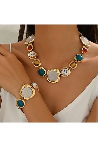 Choice Gold Color Vintage Multi-color Irregular Geometric Bracelets Necklace Chunky Exaggerated Metal Jewel