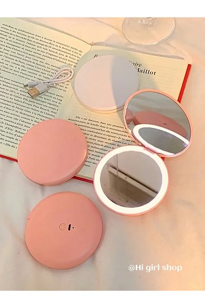 Choice H13-Pink-Round LED Foldable Makeup Mirror, Women Mini Mirror, Small Pocket Mirror, Pink And White Lu
