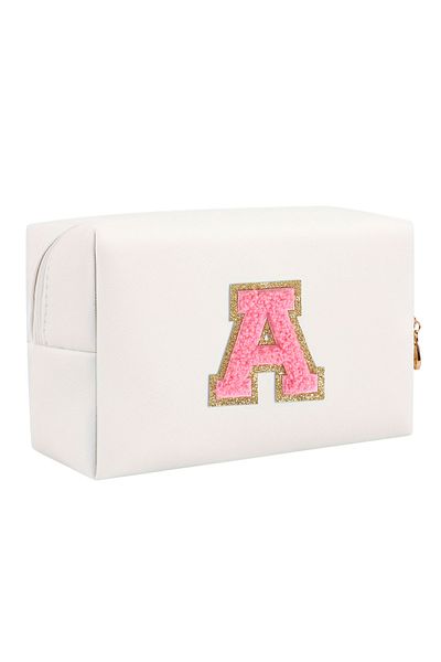 Choice 1PC white A Initial letter patch makeup bag, Preppy portable zipper bag, PU leather waterproof trave