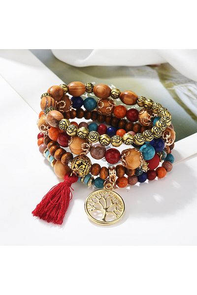 Choice Watermelon Red 4Pcs Bohemia Tree Of Life Charm Beaded Bracelet Set For Women Handmade Wood Beads Cha