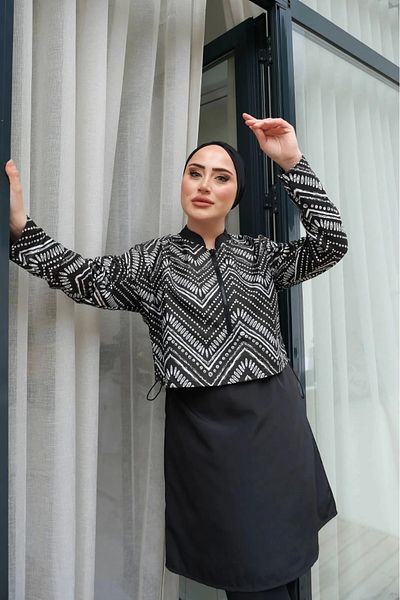 DEFNECE BUTİK Digital Printed Hijab Swimsuit - Black and White