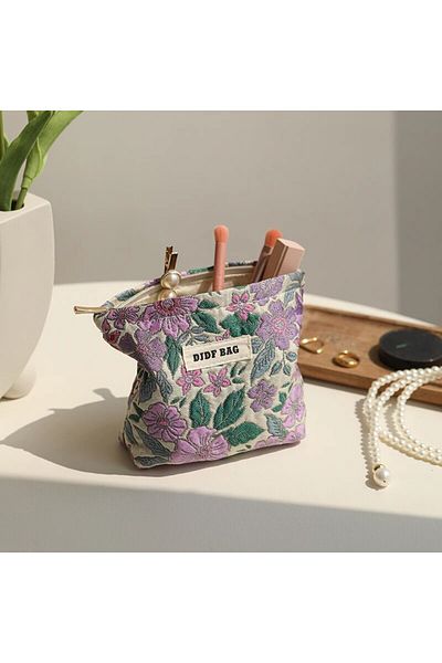 Choice Purple flowers Women's Makeup Bag Small Vintage Purple Flower Large Capacity Cosmetic Lipstick Stora