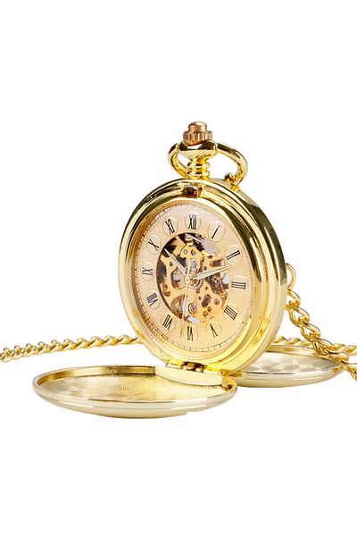 Choice Gold Classic double face hand winding mechanical pocket watch smooth surface hollowed Roman numeral