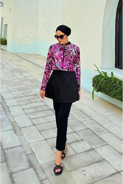 DEFNECE BUTİK Digital Printed Hijab Swimsuit - Purple