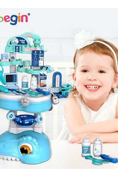MEBEGIN 45 Pcs Dinosaur-shaped Medical Playset with Trolley Case and Bag, Medical-themed Pretend Toy