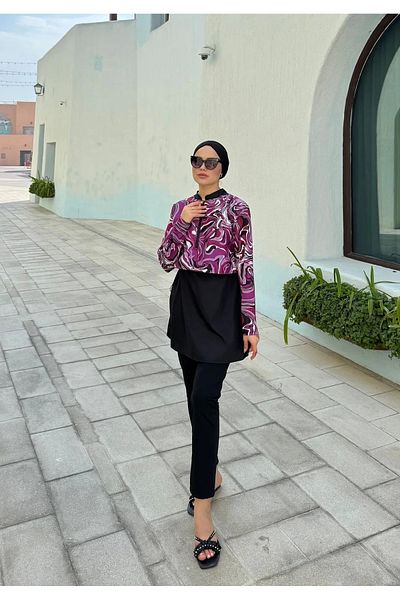 DEFNECE BUTİK Digital Printed Hijab Swimsuit - Purple