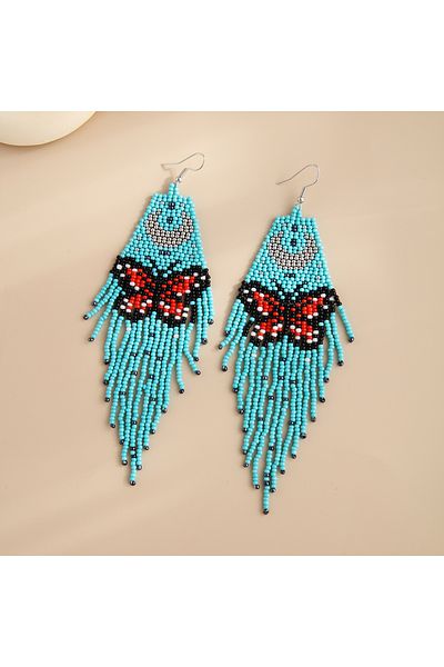 Choice green Bohemian style butterfly long tassel earrings, handmade beaded earrings