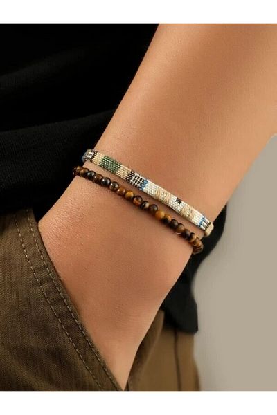 Choice Style C 2PCS Tiger Eye Stone Or Volcanic Stone Plus Hand -Woven Bracelet Wave Samia Style Elastic Br