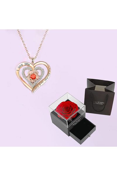 Choice BOX-135-4 Luxury Red Zircon Pendant Necklaces With Rose Flower Gift Box For Girlfriend Women I Love