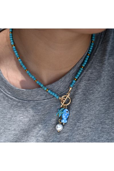 Choice 25xh0401-2 Bohemian Sea-Inspired Ceramic Fish & Starfish Pendant Necklace with 4mm Synthetic Turquoi