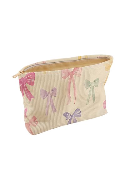 Choice bow Minimally designed bow pattern printed corduroy zipper makeup bag, lightweight and multifunction
