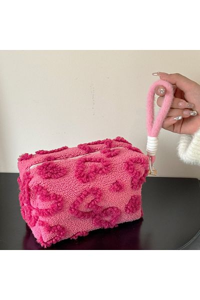 Choice A Plush Makeup Bags with Handle Soft Travel Cosmetic Storage Bag Portable Love Print Organizer Penc.
