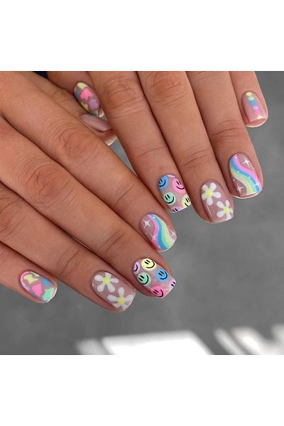 Choice MULTI ARTAUG 24PCS Short colourful press on nails cartoon drawing press on nails cute sweety nails f