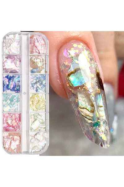 Choice S-075-01 12 Grid Glitter Shiny Abalone Shell Flakes For Nail Art Decoration 3D Charms Sea Shell Slic