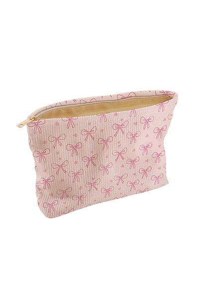 Choice Pink bow tie Minimally designed pink bow pattern printed corduroy zipper makeup bag, lightweight and