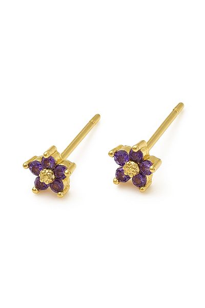 OEM Purple Cubic Zirconia Flower Earrings, 18K Gold