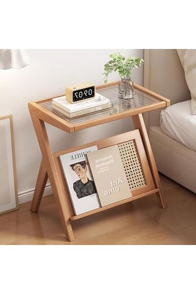 genric FFD Mid-Century Rattan Side Table with Glass Top & Bamboo Accents