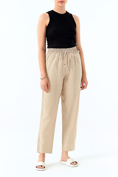 My Blog Beige Elastic Waist Front Stitched Trousers - 51172