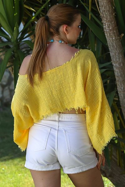 Chiccy Organic Cotton Yellow Boat Neck Flounced Sleeve Washed Dirty Stitched Casual Muslin Crop Woven Blouse 38 80