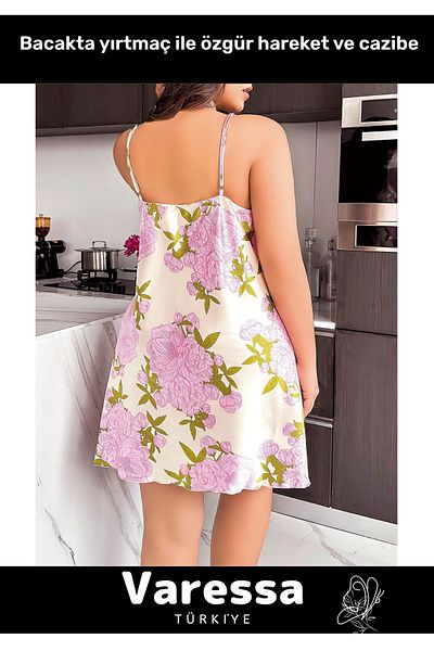 VARESSA Special Design Model Large Size Flower Pattern Lace Detail Sexy Slit Thin Strap Nightdress