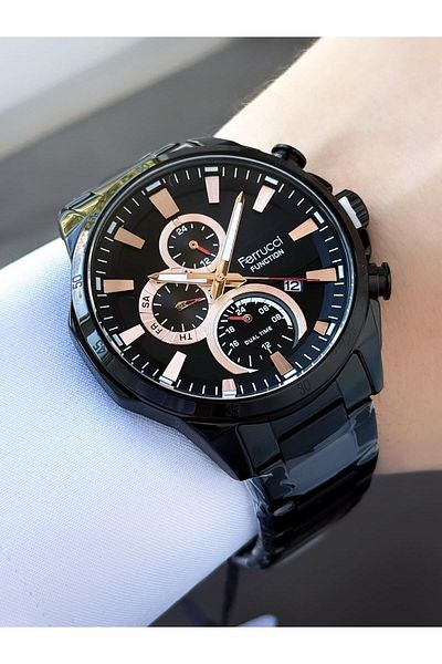 Ferrucci Function Men's Wristwatch – Black Case, Rose Detailed Dual Time Dial, Metal Band with Calendar