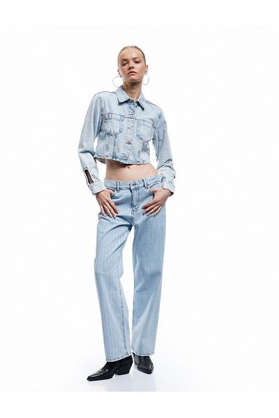 Koton Pantaloni de blugi drepti cu buzunare cu picioare drepte cu detaliu de piatră - Blugi drepti