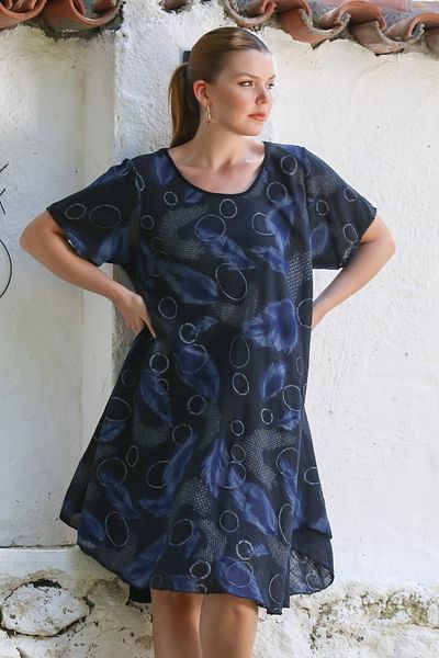 Chiccy Italian Navy Blue Pool Collar Short Sleeve Allover Printed Casual Woven Dress 110 75