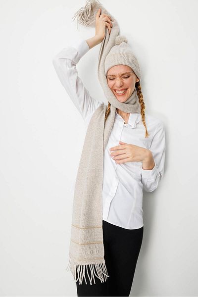 Desen Triko Women's Glitter Jacquard Tasseled Wool Kaşkol V.Beige