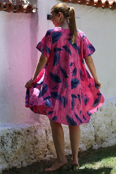Chiccy Italian Fuchsia Pool Collar Short Sleeve Allover Printed Casual Oversize Woven Dress 110 75
