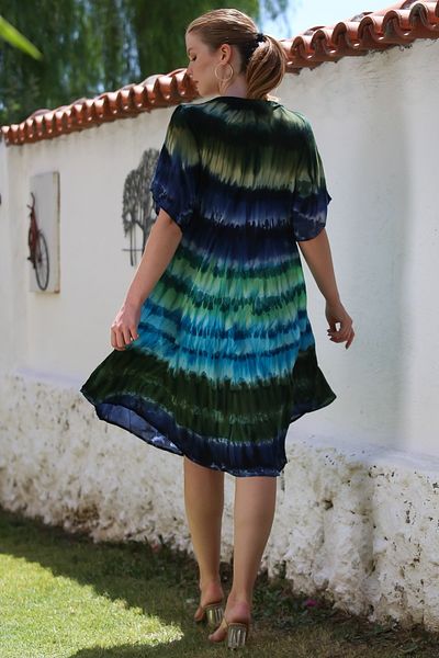 Chiccy Rochie casual țesută cu mânecă scurtă cu decolteu de piscină albastru-verde 105 70