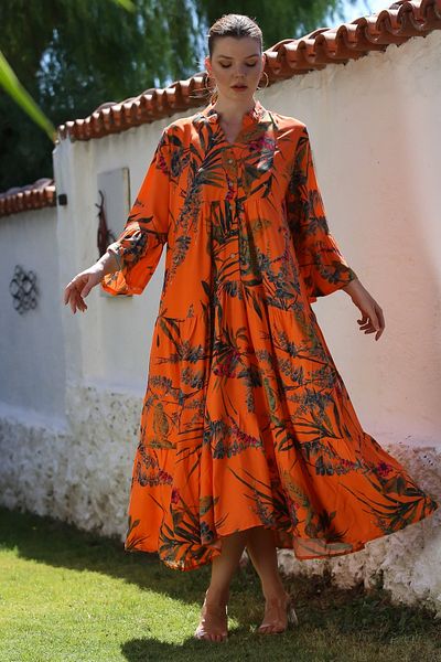 Chiccy Guler domnă portocaliu Mâneci cu volane Fusta cu nasturi florale Rochie țesută imprimată cu volane 130 58