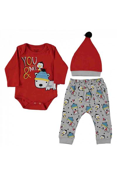 Miniworld Set body, pantaloni si caciulita You & Me rosu bebelusi bumbac