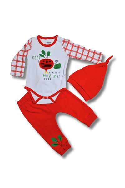 Miniworld Set body, pantaloni si caciulita legume rosu bebelusi bumbac