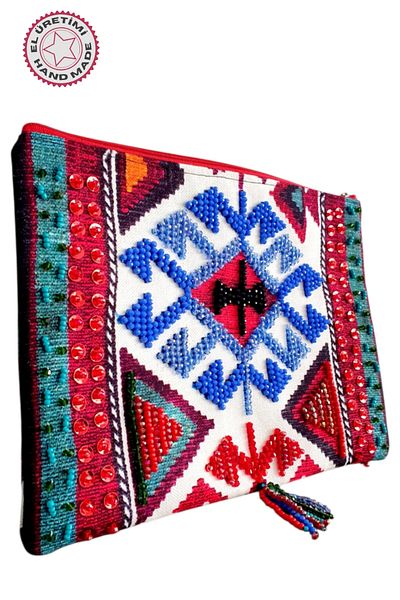 Uretti - Sümeyya 2589 2333 Geantă clutch cu ciucuri neagră brodata cu mărgele cu model etnic Kilim
