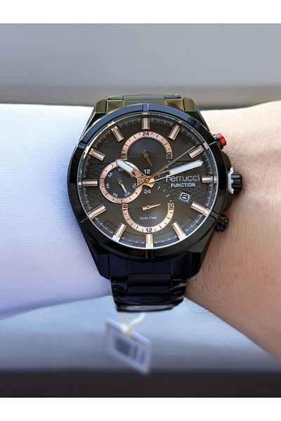 Ferrucci Function Men's Wristwatch – Black Case, Rose Detailed Multi-Display Dial, Metal K with Calendar
